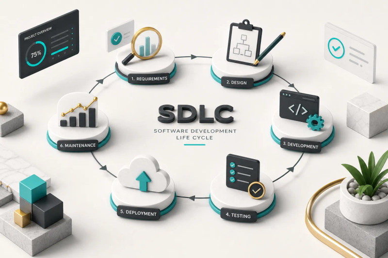 Diagram illustrating the stages of the software development life cycle from planning to deployment and maintenance