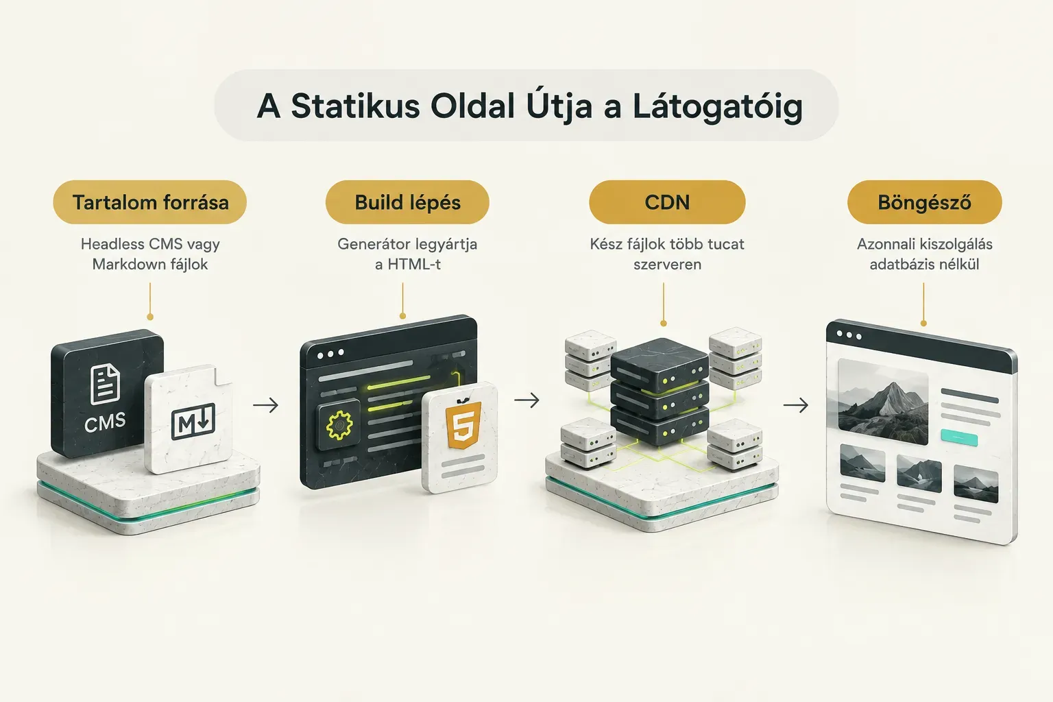 Diagram, A Statikus Oldal Útja a Látogatóig. Tartalom forrása, Headless CMS vagy Markdown fájlok; Build lépés, Generátor…