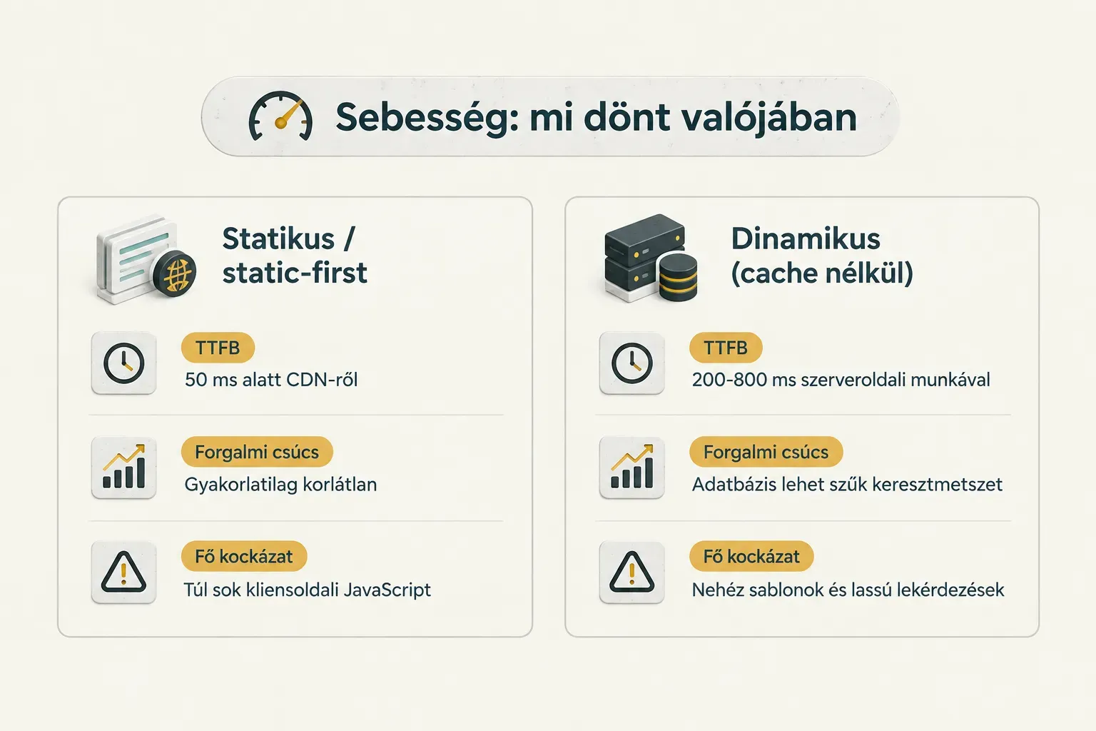 Comparison table, Sebesség: mi dönt valójában. TTFB, Statikus / static-first: 50 ms alatt CDN-ről; Dinamikus (cache…