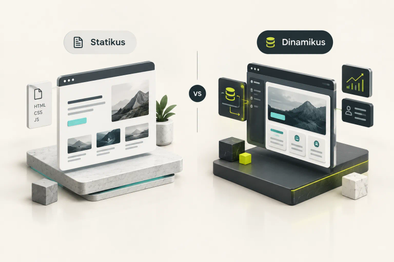 Statikus vagy dinamikus weboldal összehasonlítása diagramon, kiemelve a fő különbségeket és jellemzőket