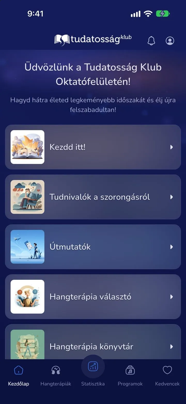 Home screen in the dark theme, with the same cards on a deep navy background
