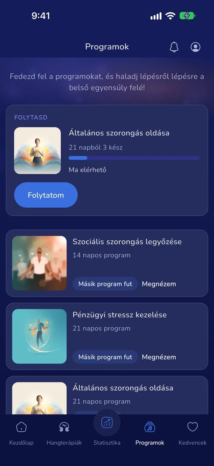 Programs screen in the dark theme with the program in progress and the program list