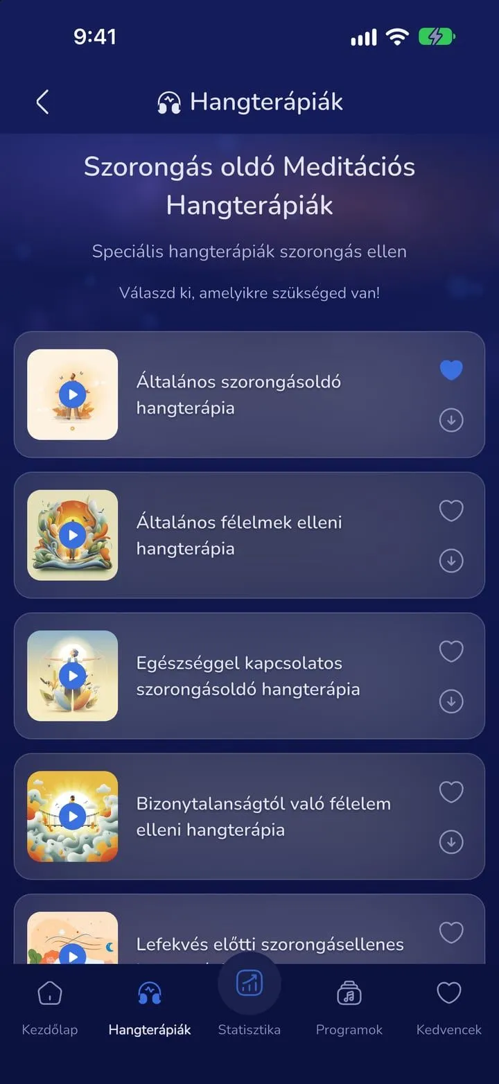 Meditation list of a sound therapy in the dark theme, with play buttons and favourite hearts