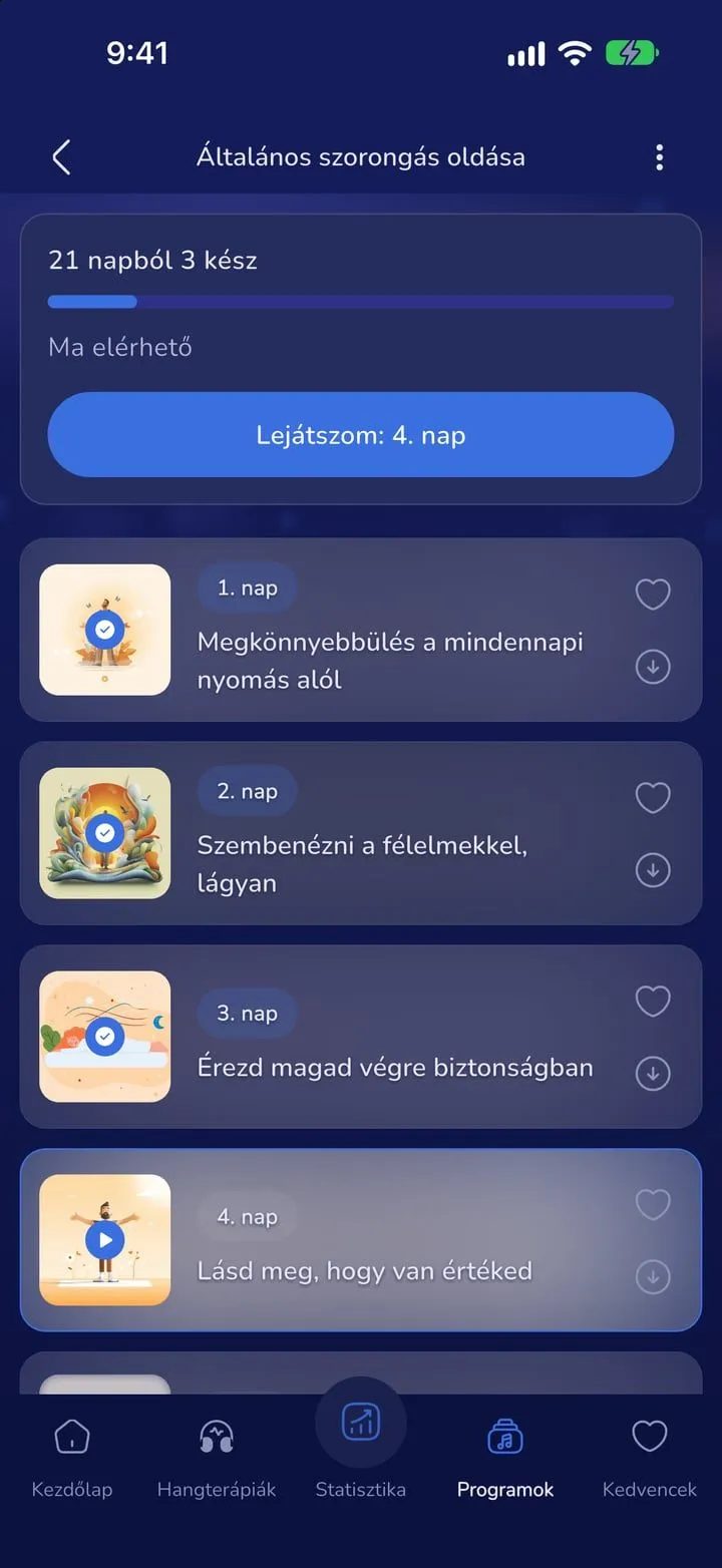 Days of a program in the dark theme, with progress and the day available now