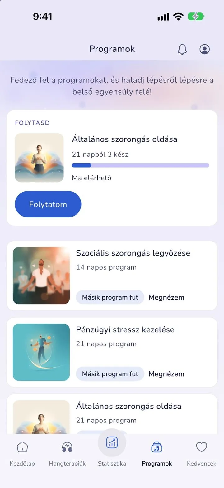 Programs screen in the light theme with the program in progress at the top and a list of 14 and 21 day programs below