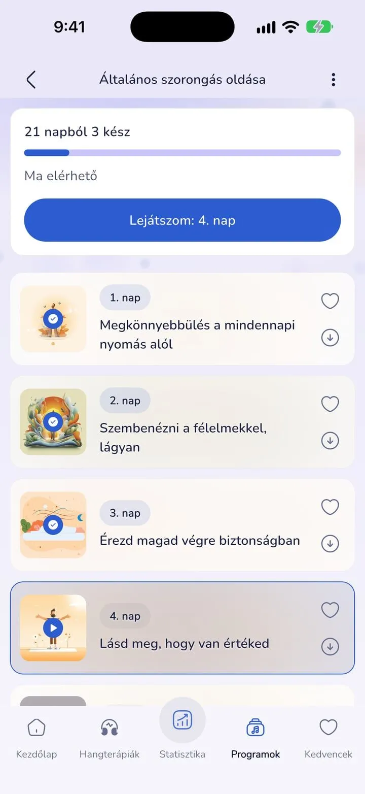 Days of a 21 day program in the light theme, with progress, the day available now and the days still to unlock
