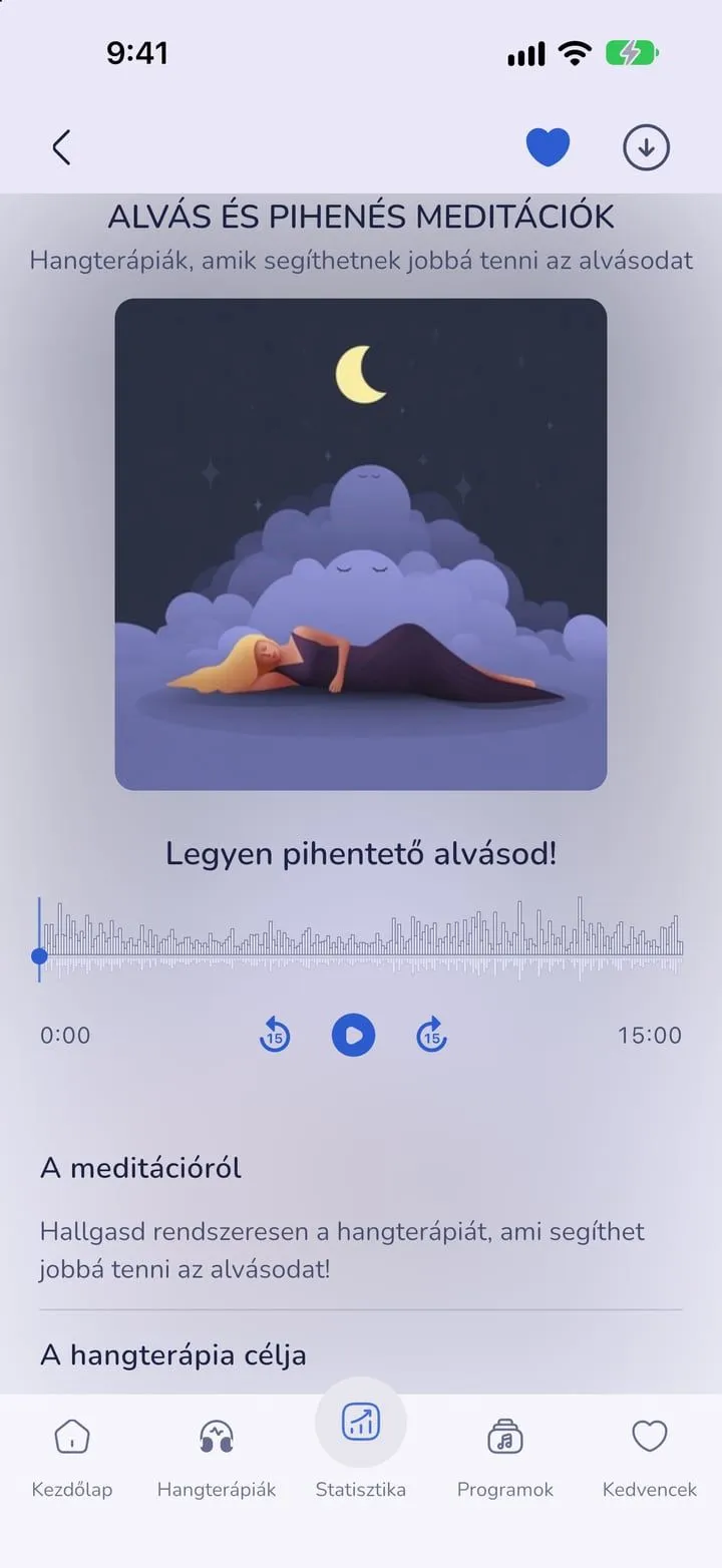 Audio player in the light theme with night sky artwork, a waveform, skip controls and the goal of the sound therapy below
