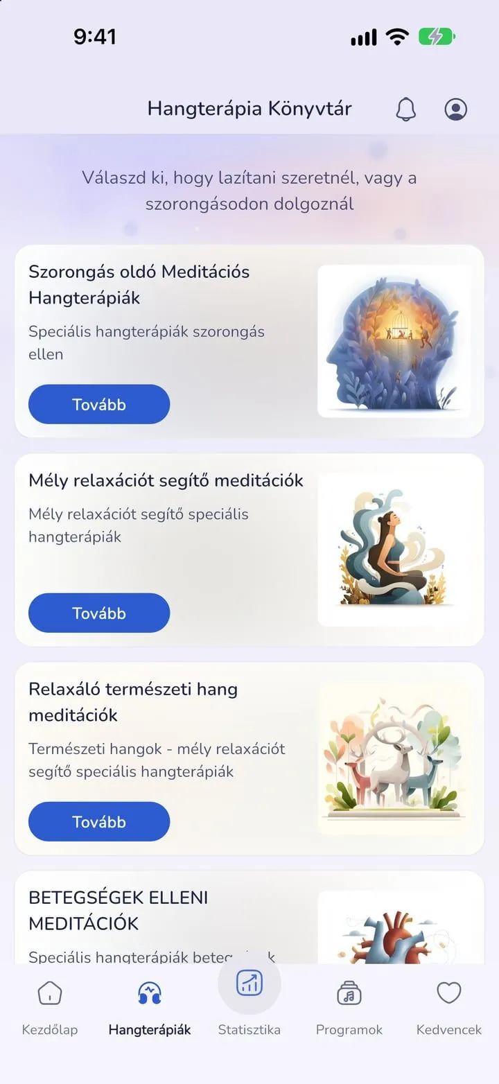 Sound therapy library in the light theme with themed collections as illustrated cards