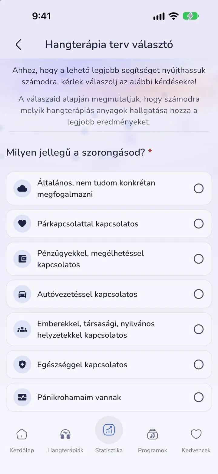Sound therapy picker in the light theme that asks what kind of anxiety the member wants to work on, with seven situations to choose from