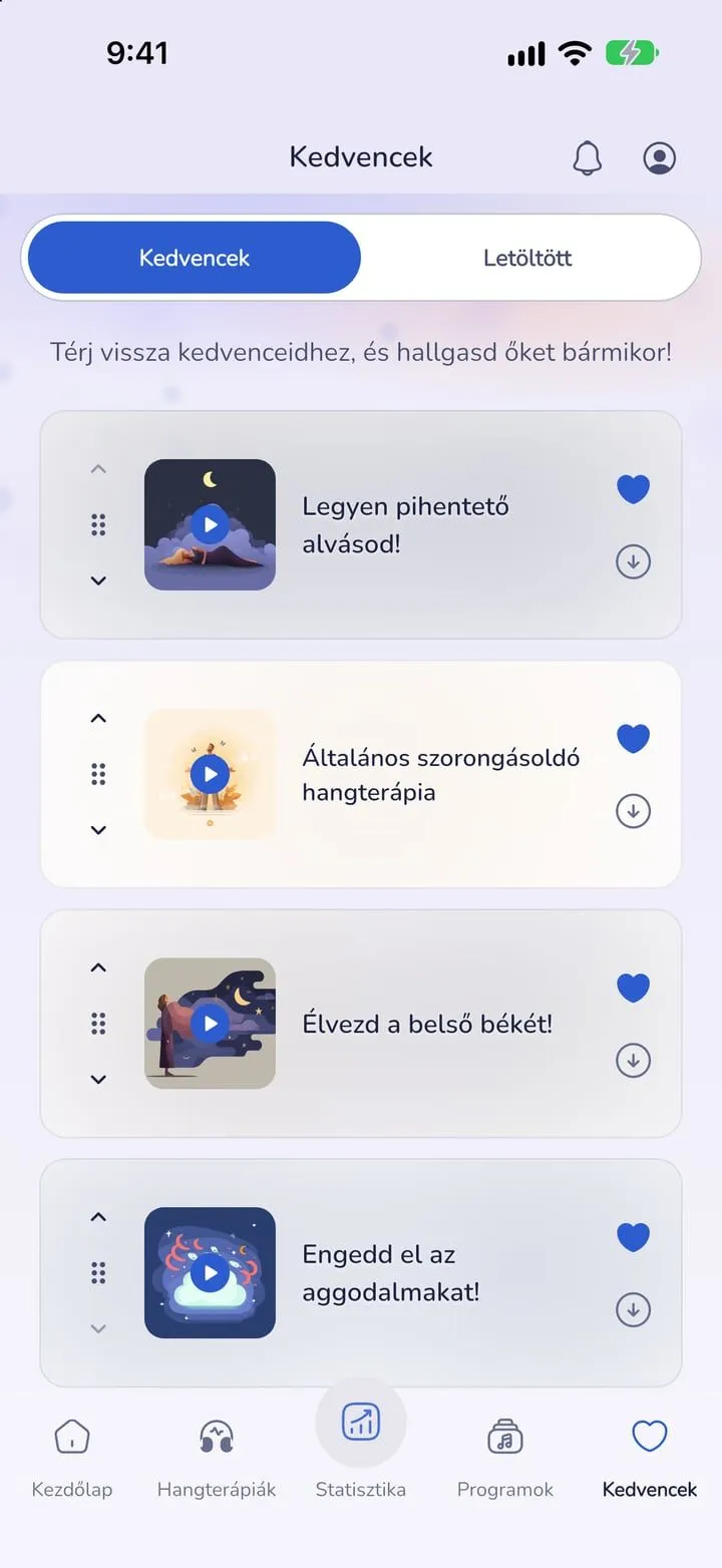 Favourites screen in the light theme with saved meditations in a reorderable list