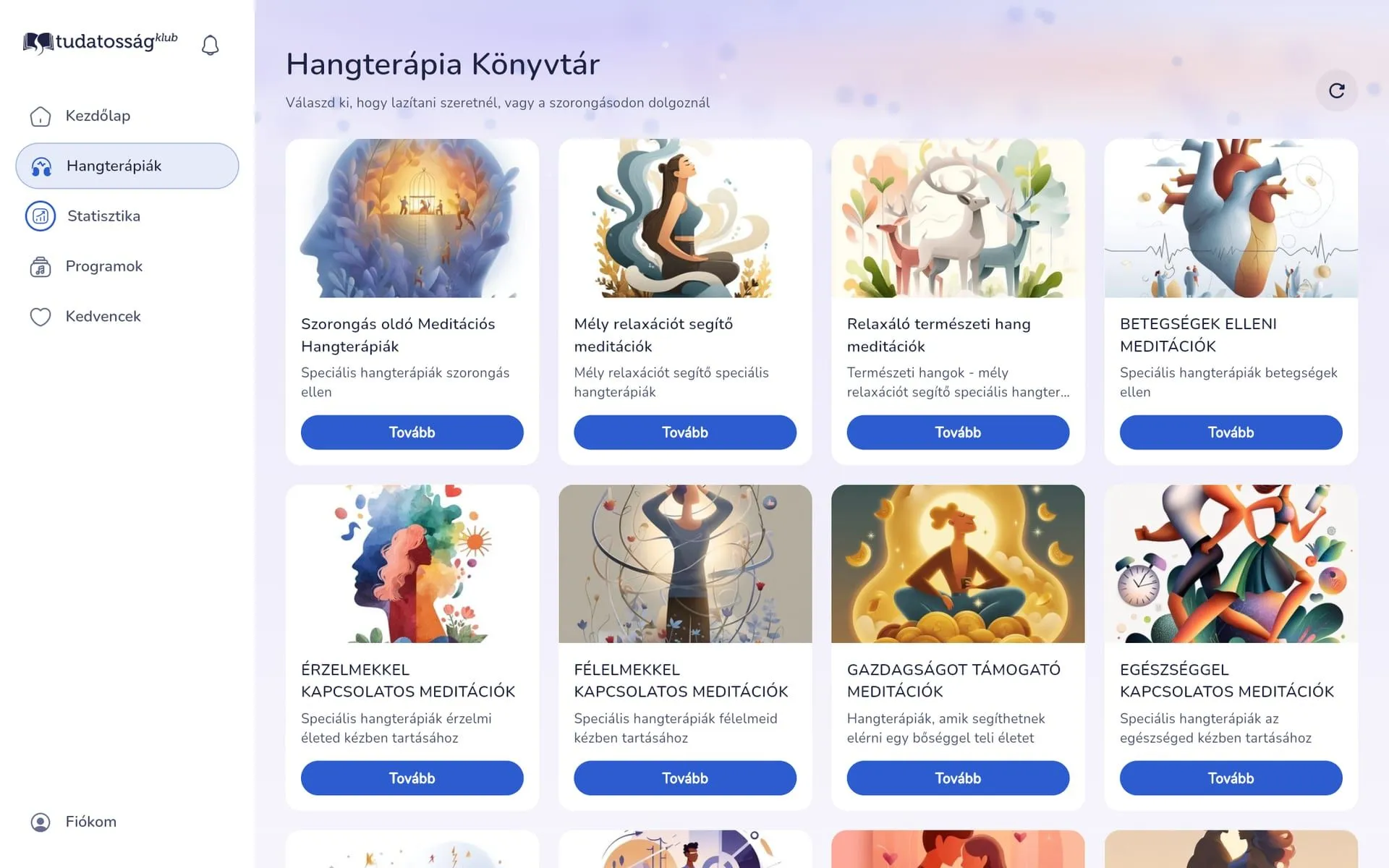Web app sound therapy library in the light theme with eight illustrated collection cards in a wide grid
