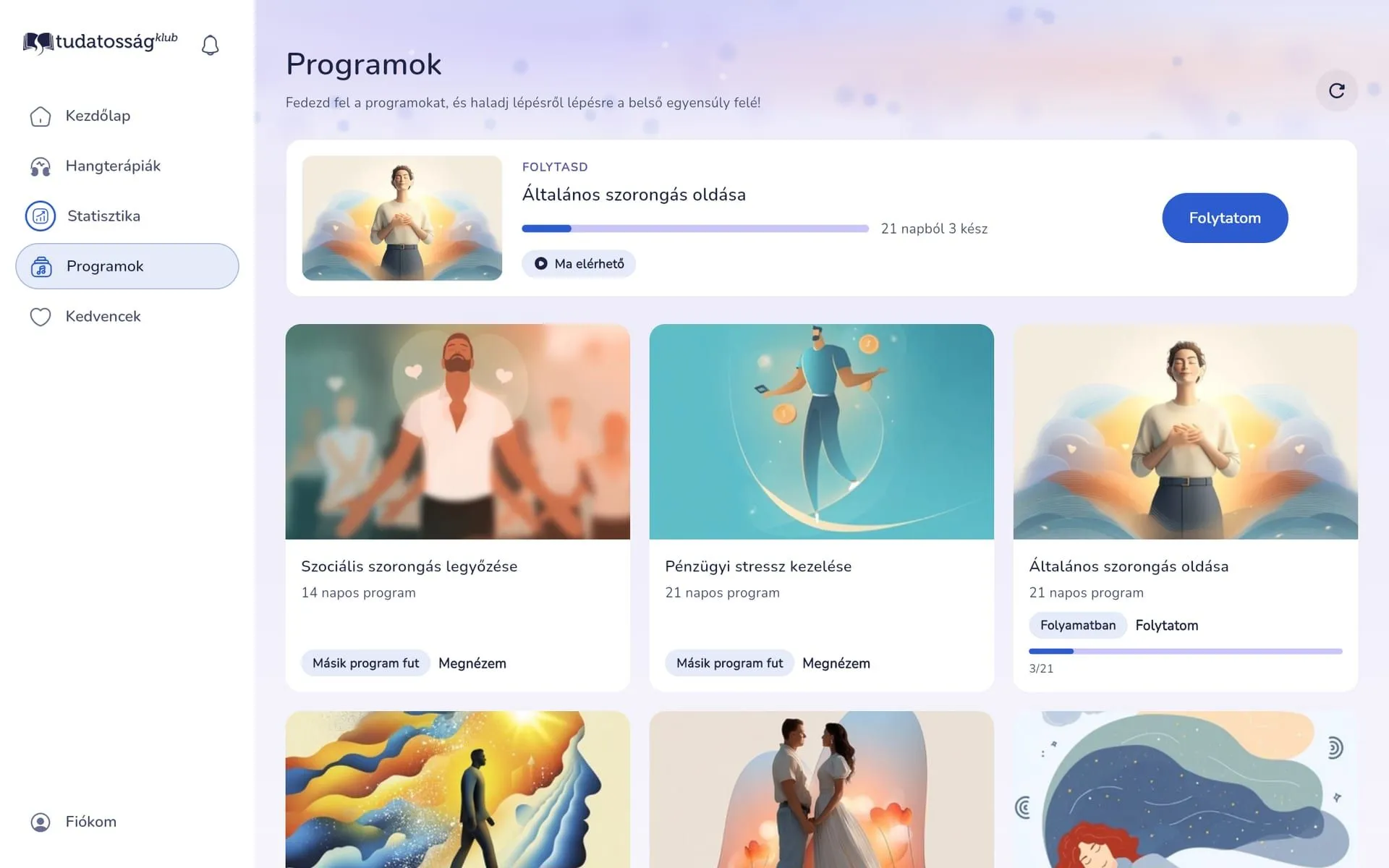 Web app programs page in the light theme with the program in progress and a three column program grid