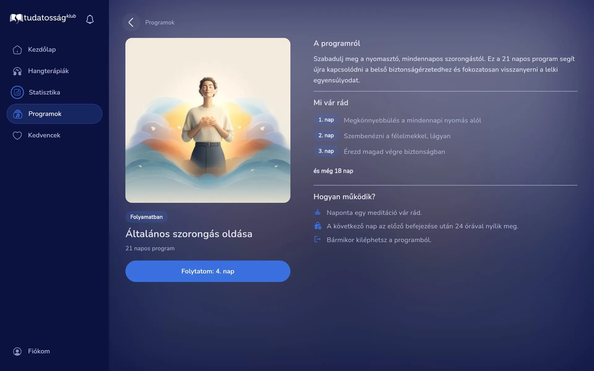 Web app program detail in the dark theme with the cover art, what the 21 days bring, how the program works and a continue button for day 4