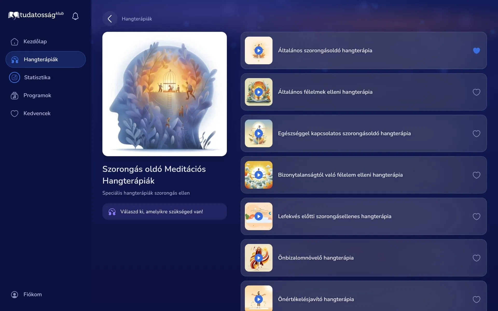 Web app sound therapy page in the dark theme with the collection artwork on the left and its meditations listed on the right