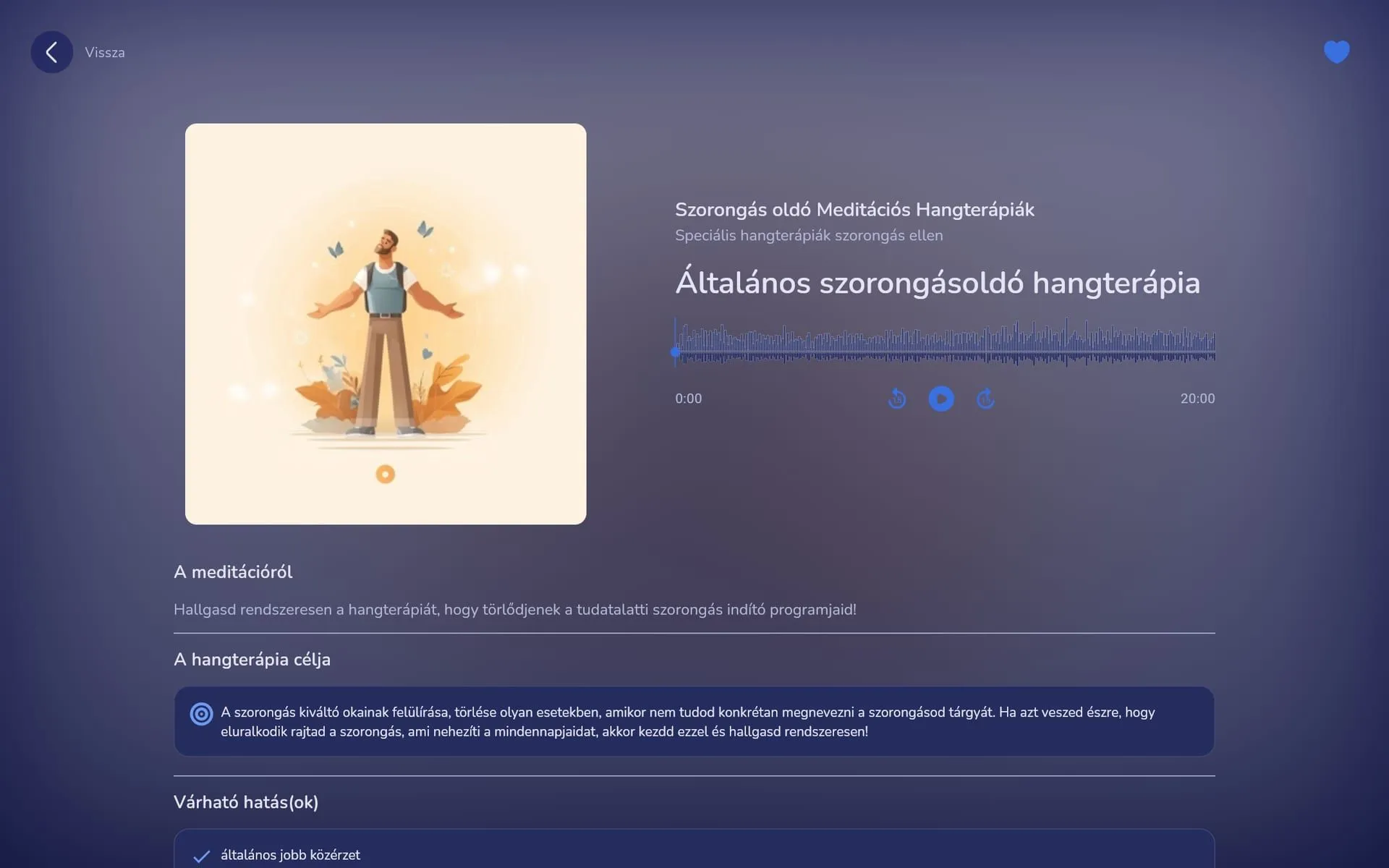 Web app audio player in the dark theme with large artwork, a 20 minute waveform, playback controls and the goal of the meditation below