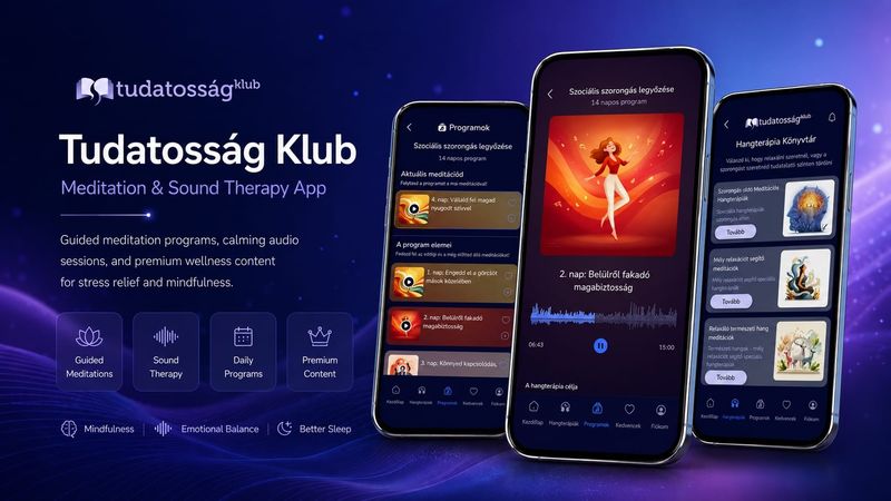 Tudatosság Klub sound therapy meditation app preview with home, player, and program screens