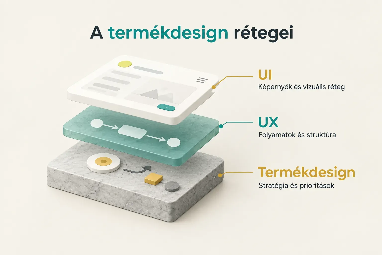Diagram, A termékdesign rétegei. Termékdesign, Stratégia és prioritások; UX, Folyamatok és struktúra; UI, Képernyők és…