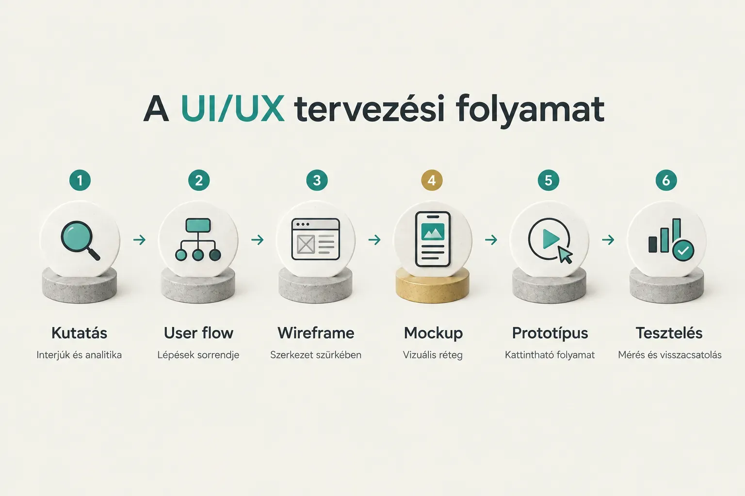 Step-by-step diagram, A UI/UX tervezési folyamat. 1. Kutatás, Interjúk és analitika; 2. User flow, Lépések sorrendje; 3…
