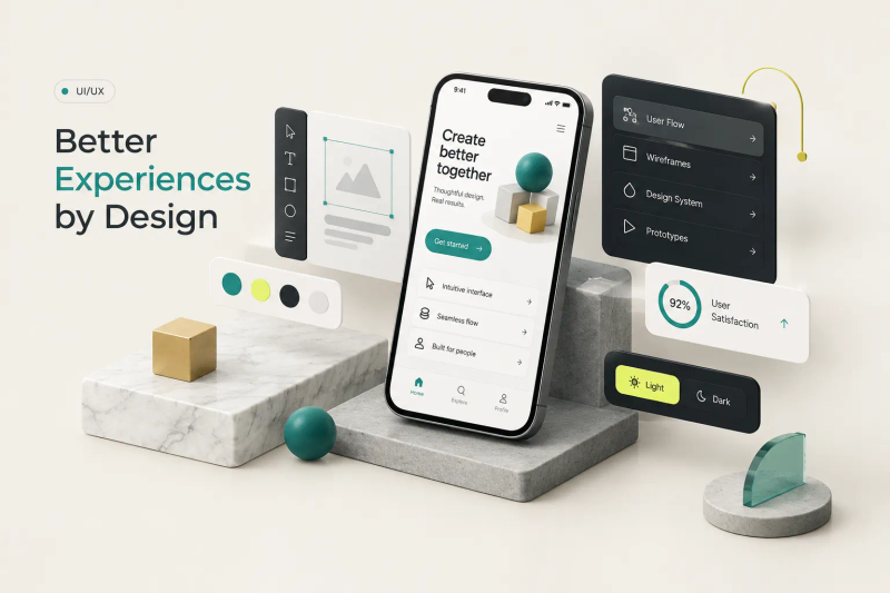 UI/UX design process shown with wireframes, color palettes, and prototype screens on a designer's workspace