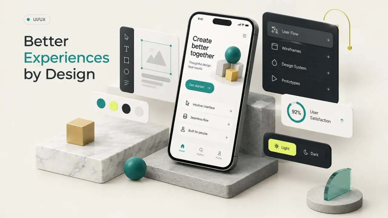 UI/UX design process shown with wireframes, color palettes, and prototype screens on a designer's workspace