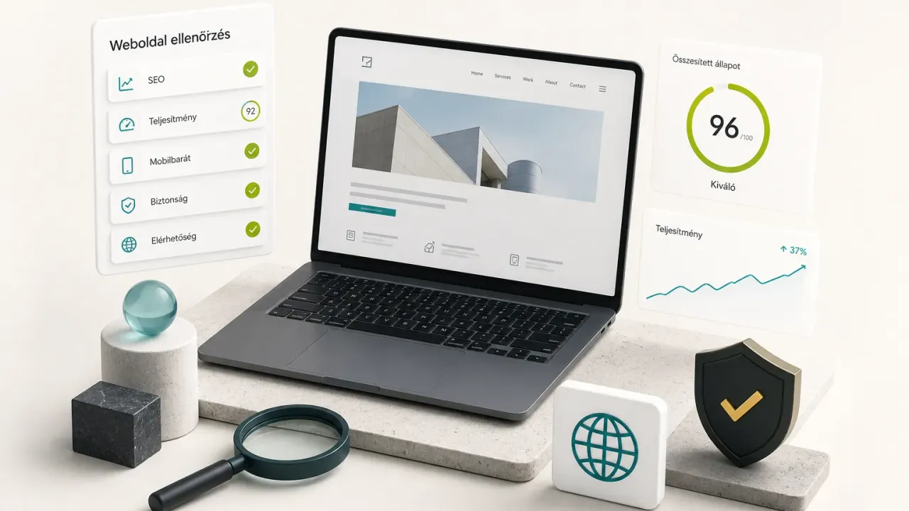 Weboldal ellenőrzés folyamata laptopon megjelenített teljesítmény- és hibaelemzési riporttal