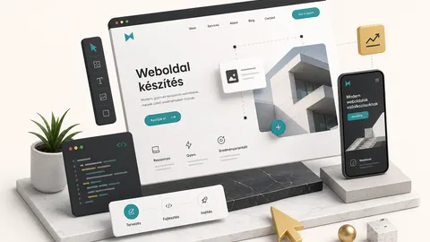 Weboldal készítés folyamata laptopon kódolással és design elemekkel