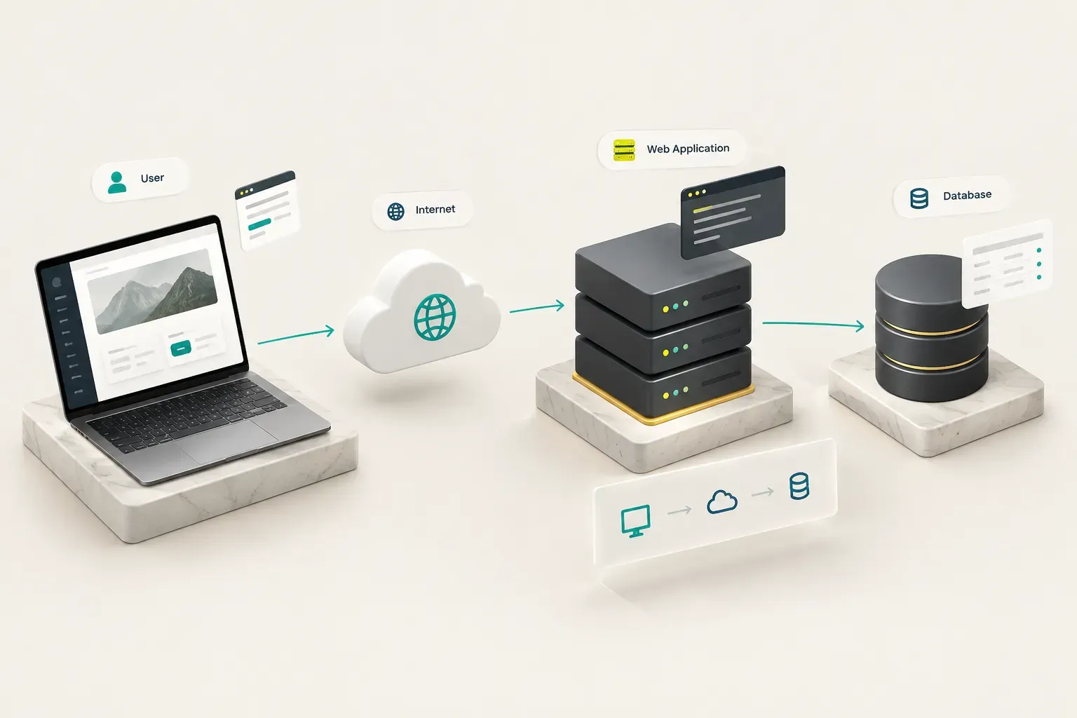 Diagram showing how a web application works, with client browser requests flowing to a server and database