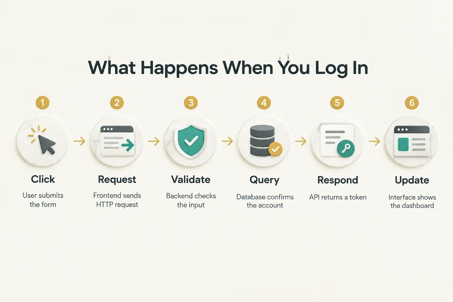 Step-by-step diagram, What Happens When You Log In. 1. Click, User submits the form; 2. Request, Frontend sends HTTP…