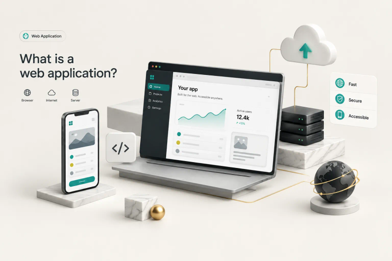 Diagram showing what is a web application, illustrating browser-server interaction over the internet