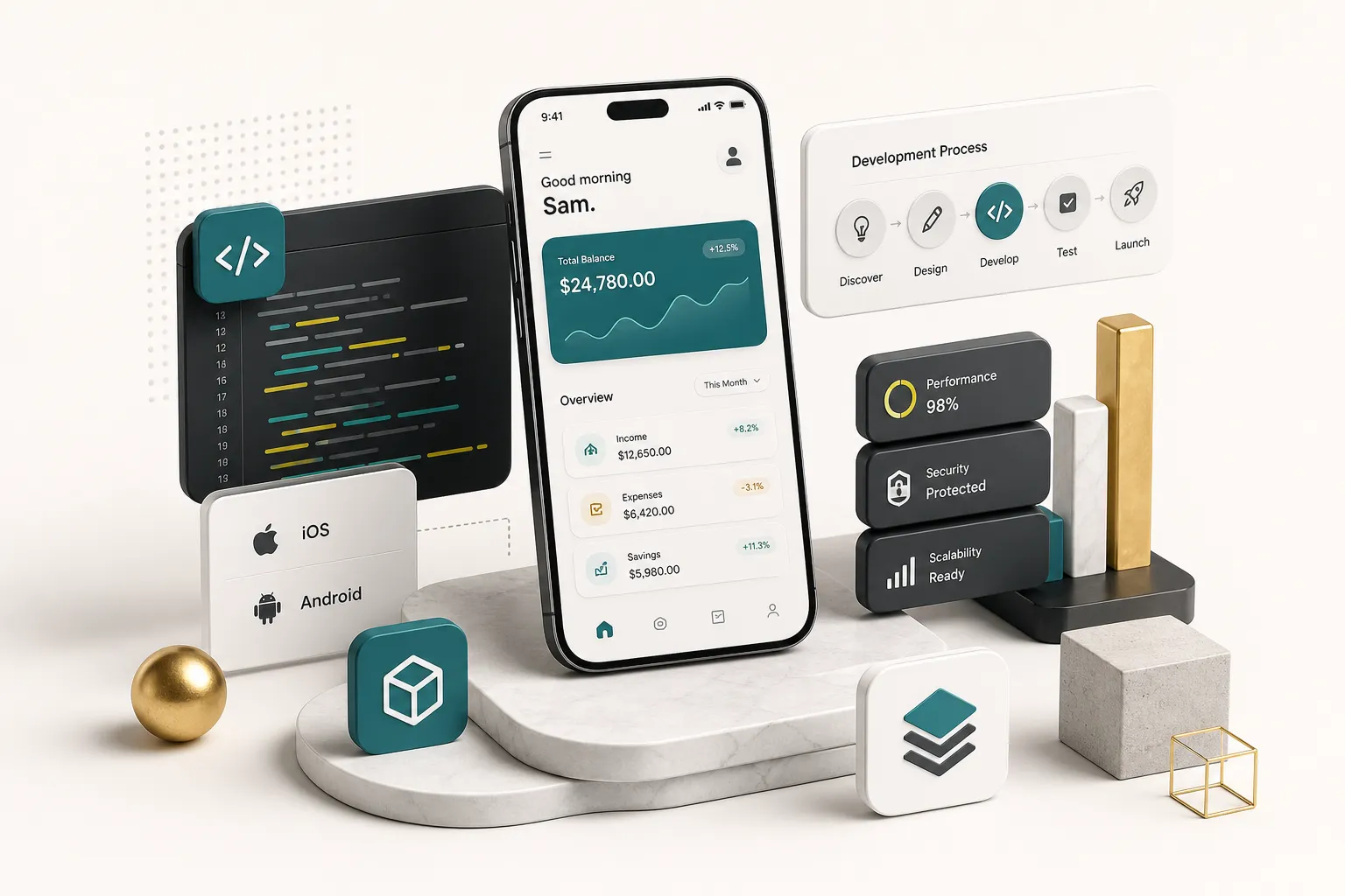 Developer team building custom mobile app development services on smartphone and tablet screens