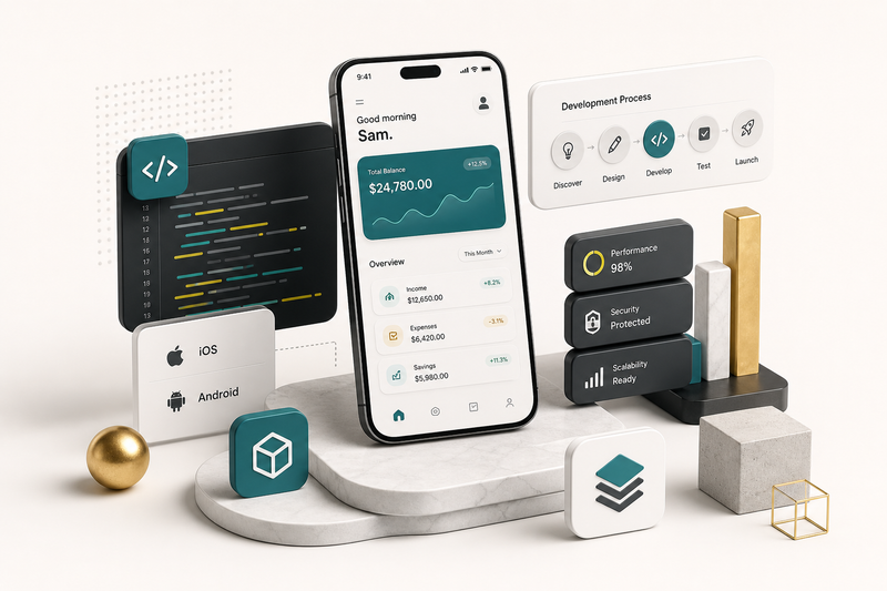 Developer team building custom mobile app development services on smartphone and tablet screens