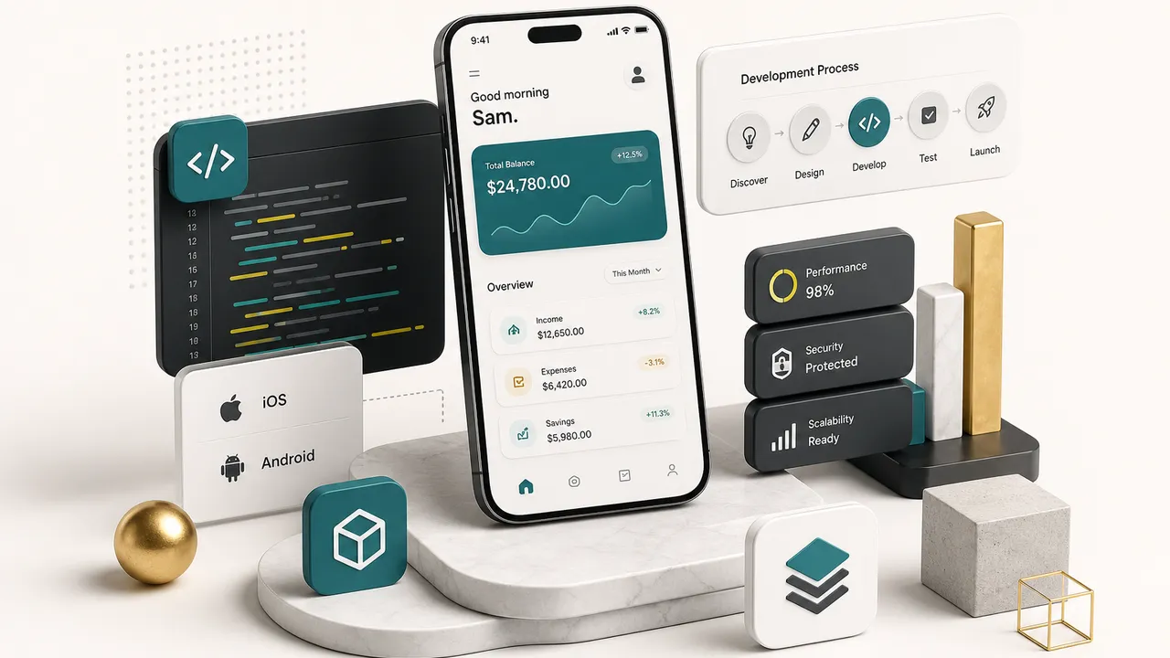 Developer team building custom mobile app development services on smartphone and tablet screens